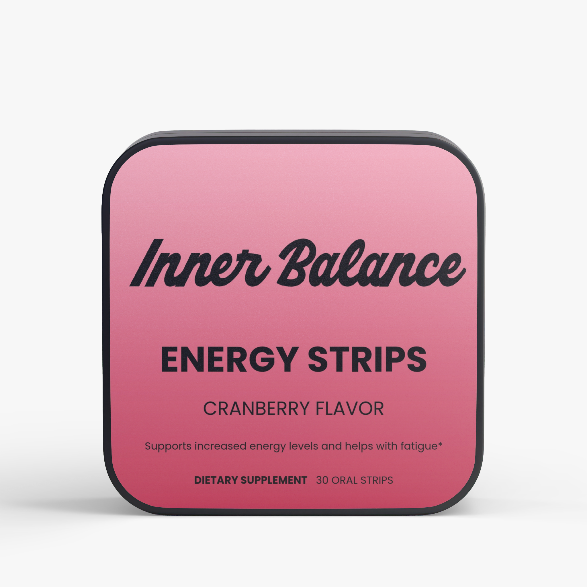 Inner Balance Energy Strips tin, front view — caffeine and L-theanine energy strips, cranberry flavor, 30 count