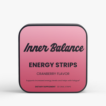 Inner Balance Energy Strips tin, front view — caffeine and L-theanine energy strips, cranberry flavor, 30 count