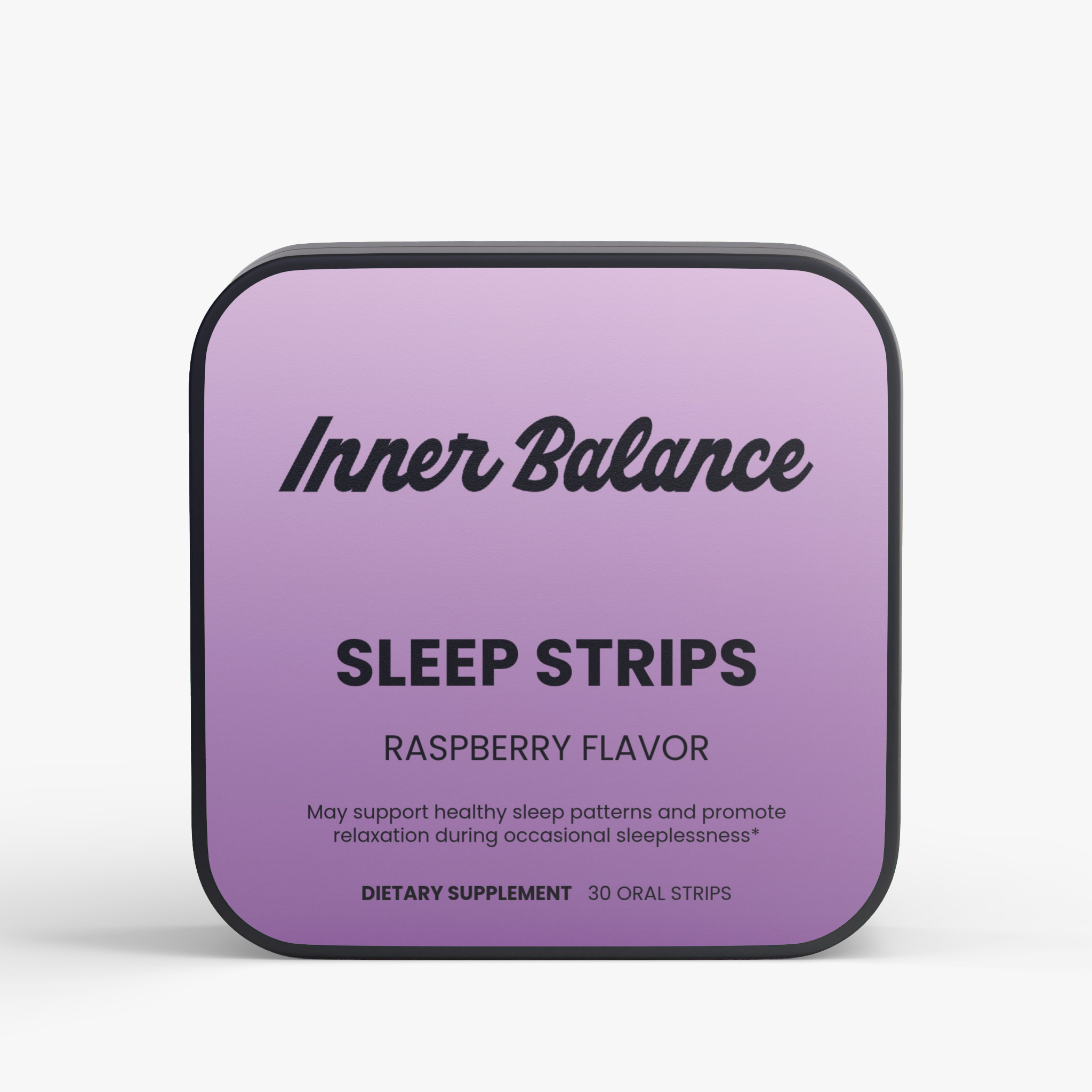 Inner Balance Sleep Strips tin, front view — melatonin sleep strips, raspberry flavor, 30 count