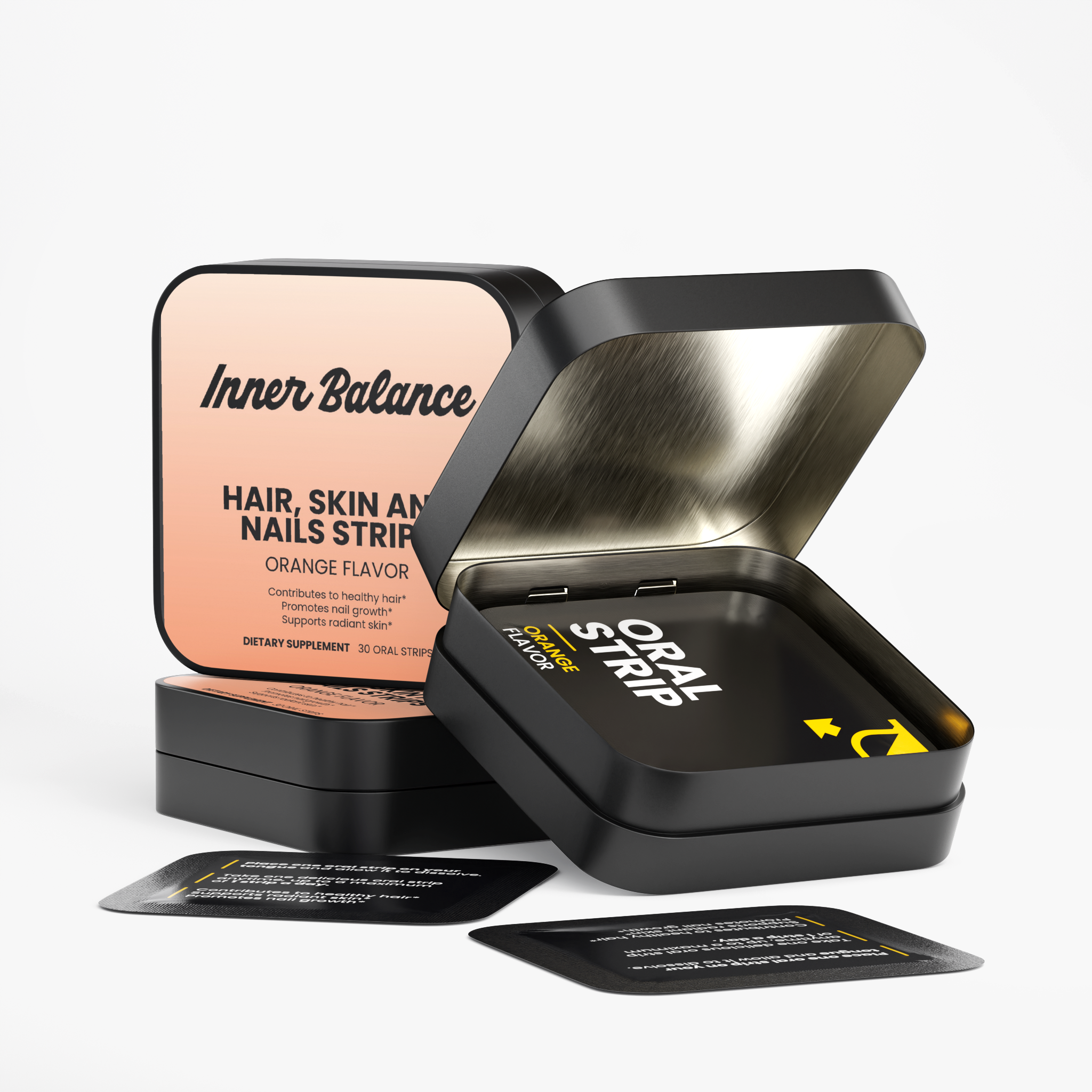 Open tin of Inner Balance Hair, Skin & Nails Strips showing individual fast-dissolving strips