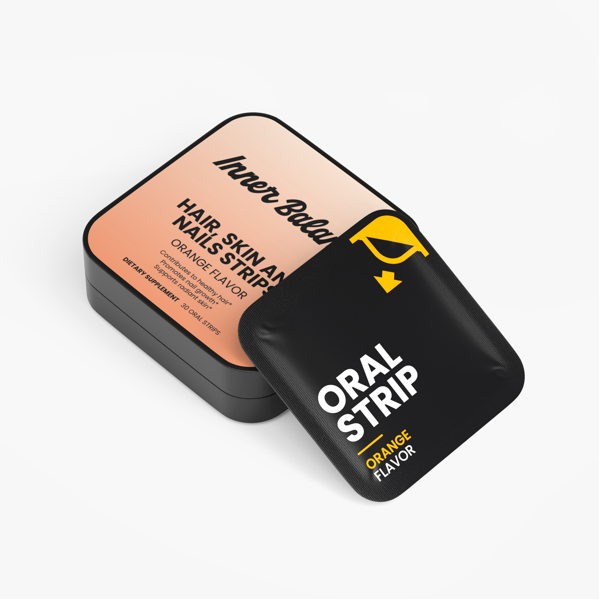 Hair, Skin & Nails Strips tin at an angle showing label design