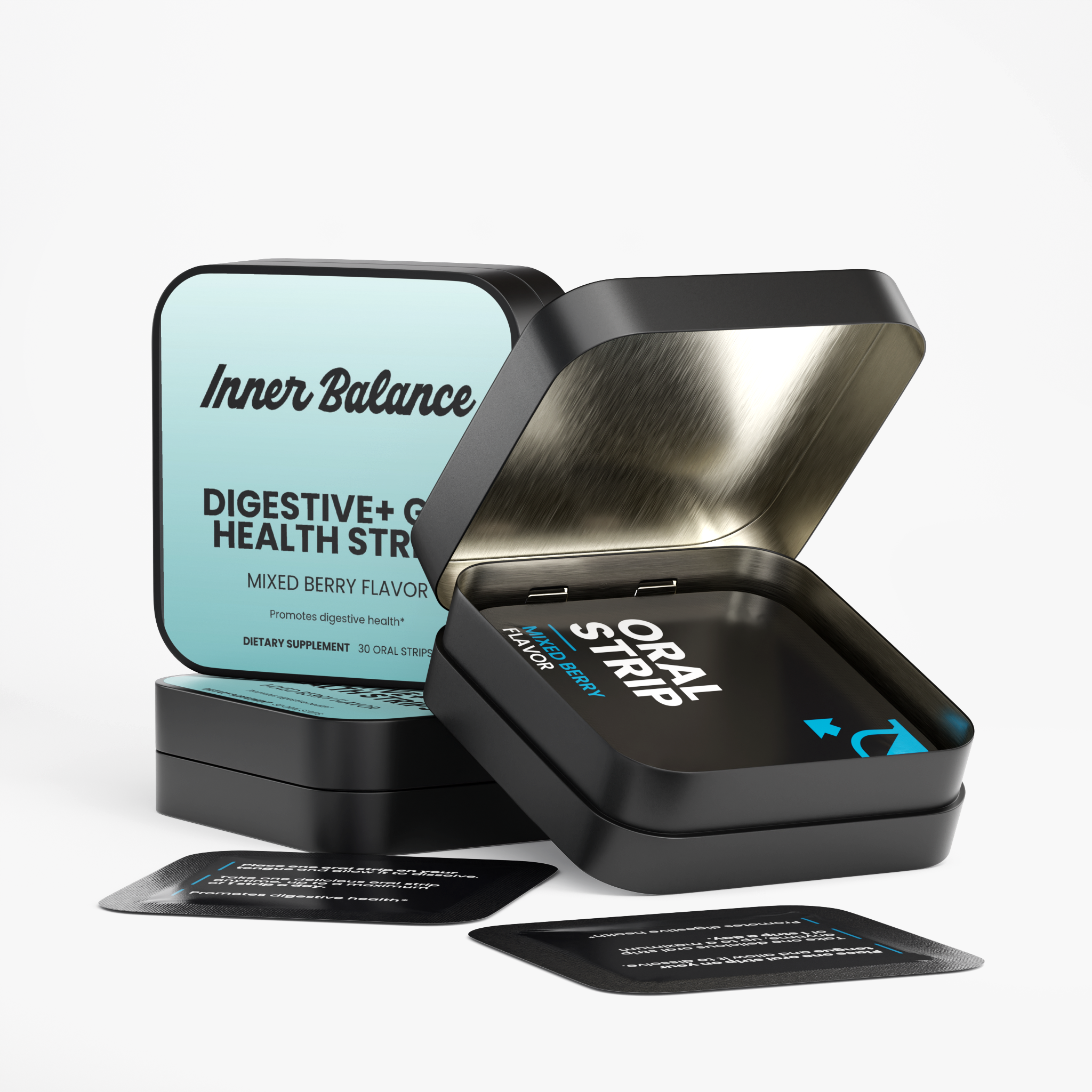 Open tin of Inner Balance Probiotic Digestive Strips showing individual fast-dissolving strips