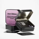 Open tin of Inner Balance Appetite Balance Strips showing individual fast-dissolving strips