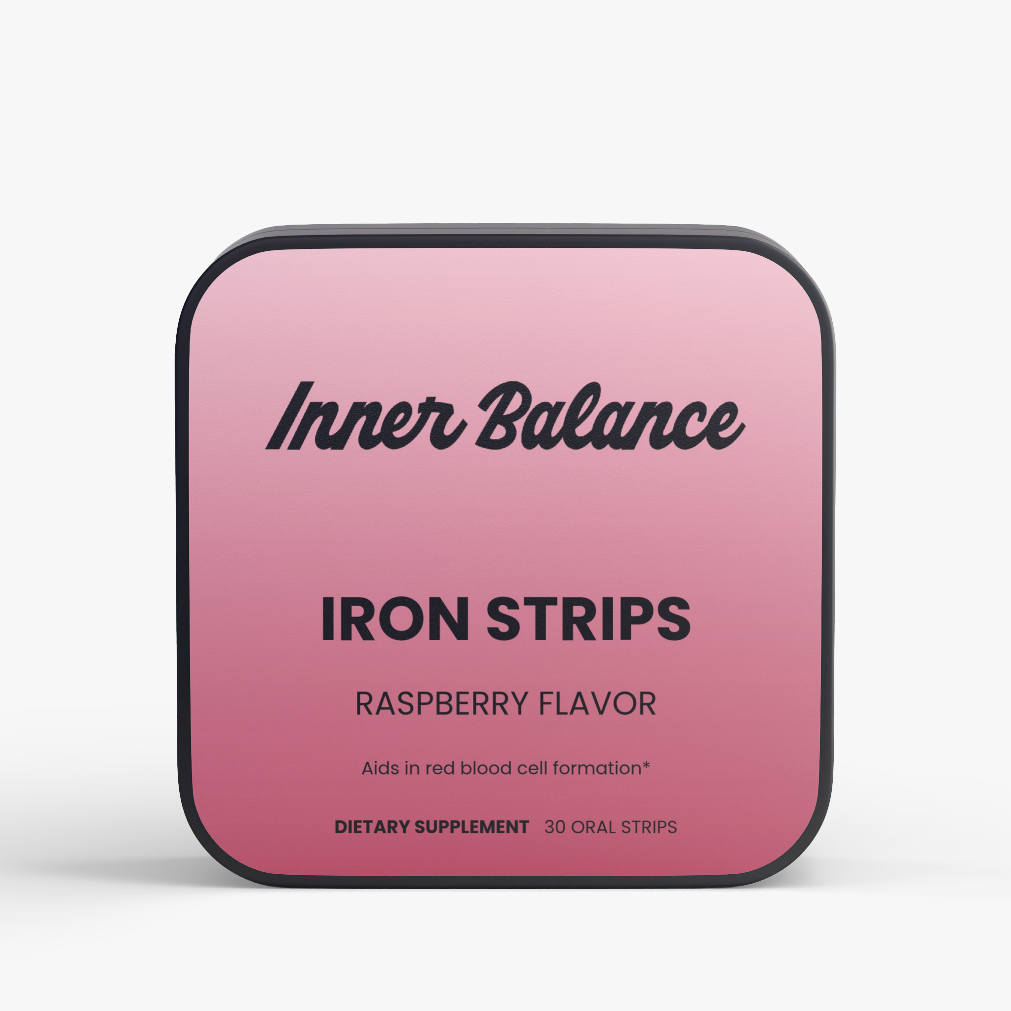 Inner Balance Iron Strips tin, front view — iron 19 mg with folate strips, raspberry flavor, 30 count