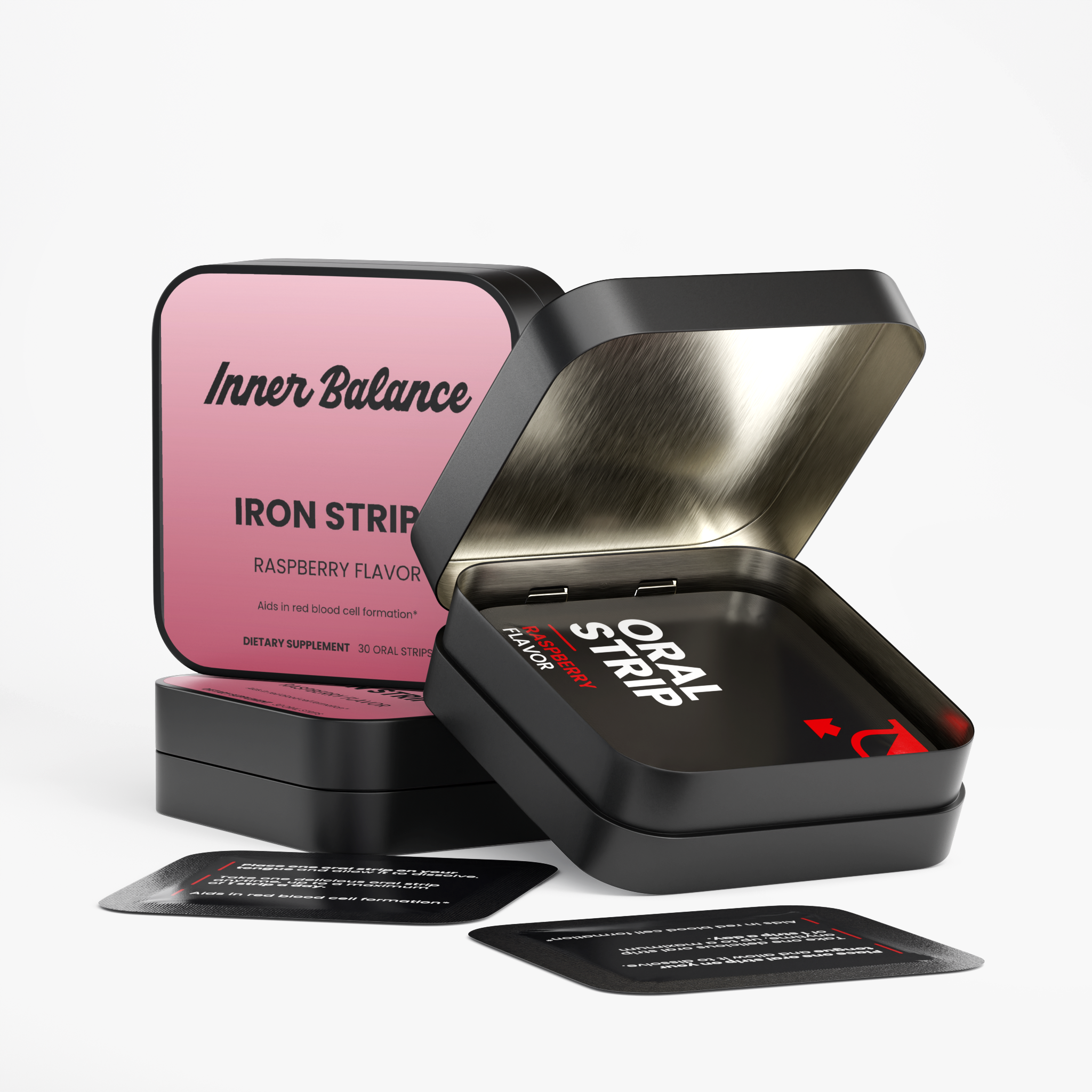 Open tin of Inner Balance Iron Strips showing individual fast-dissolving strips