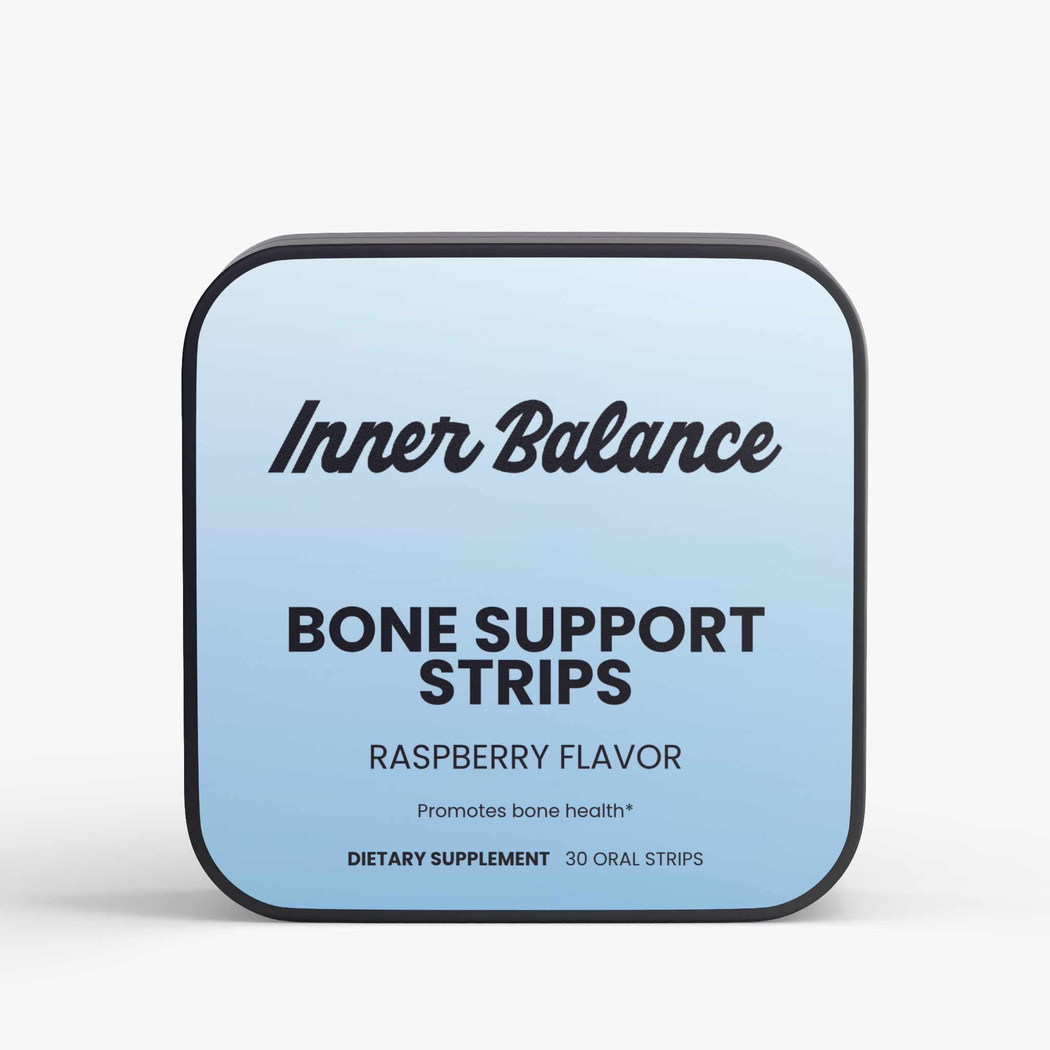 Inner Balance Bone Support Strips tin, front view — vitamin D3 2000 IU + K2 strips, raspberry flavor, 30 count