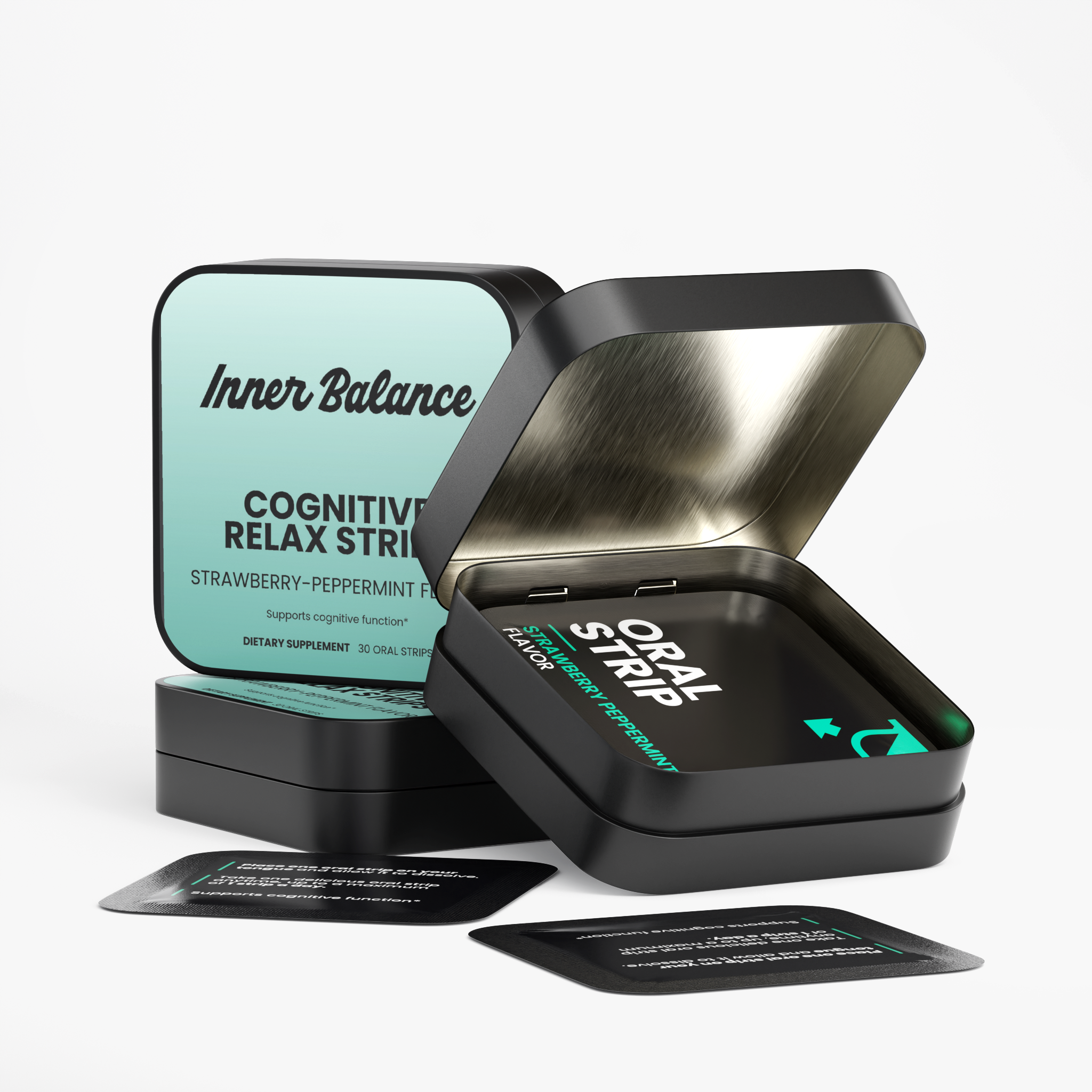 Open tin of Inner Balance Relaxation Strips showing individual fast-dissolving strips