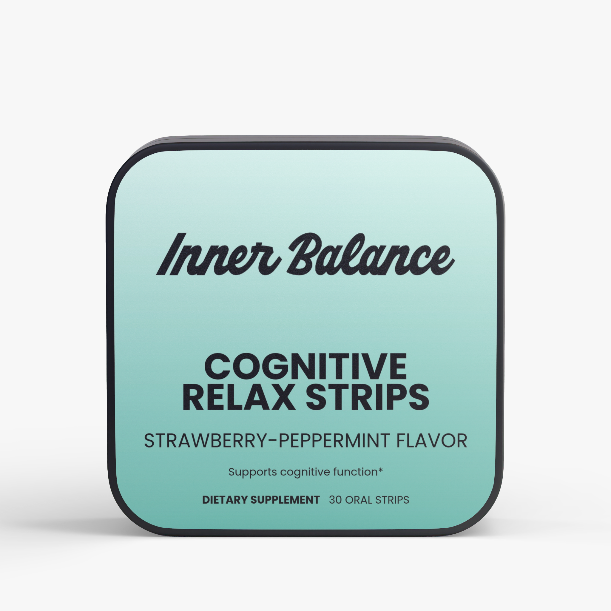 Inner Balance Relaxation Strips tin, front view — L-theanine and GABA calm support strips, strawberry-peppermint flavor, 30 count