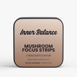 Inner Balance Mushroom Focus Strips tin, front view — lion's mane and cordyceps strips, chocolate flavor, 30 count