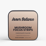 Inner Balance Mushroom Focus Strips tin, front view — lion's mane and cordyceps strips, chocolate flavor, 30 count