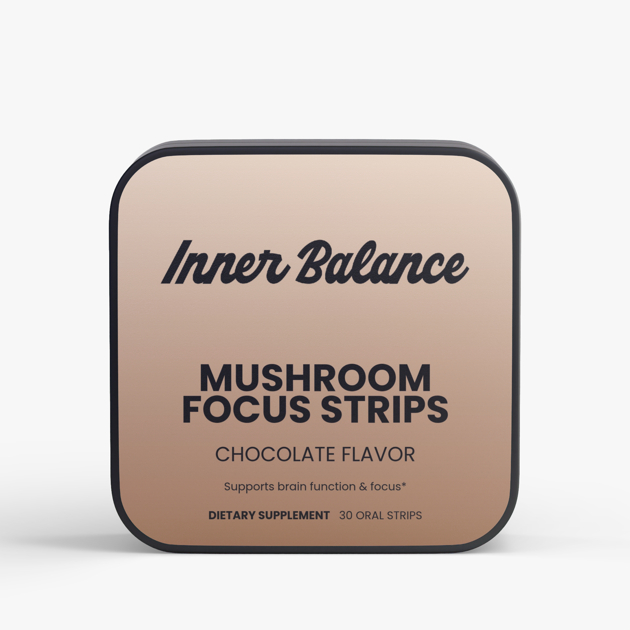 Inner Balance Mushroom Focus Strips tin, front view — lion's mane and cordyceps strips, chocolate flavor, 30 count