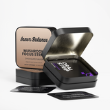 Open tin of Inner Balance Mushroom Focus Strips showing individual fast-dissolving strips
