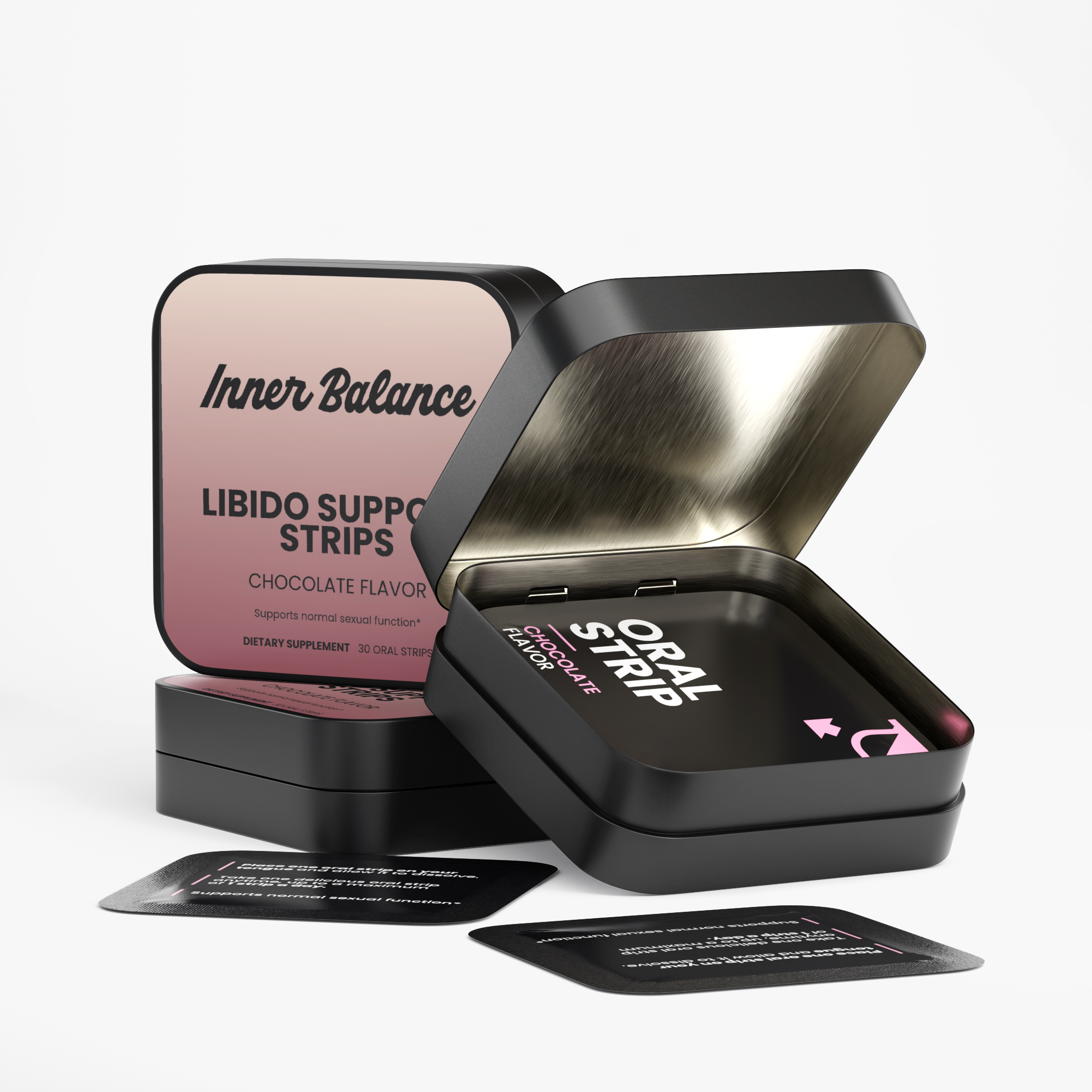 Open tin of Inner Balance Libido Support Strips showing individual fast-dissolving strips